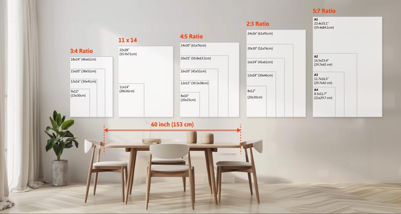 May include: A diagram showing different aspect ratios for prints, including 3:4, 4:5, 2:3, and 5:7. The diagram shows the dimensions of each ratio in inches and centimeters. The diagram is labeled with the text "60 inch (153 cm)" at the bottom.
