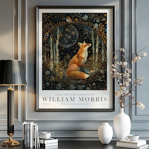 Impression renard lune et étoiles William Morris, impression d'exposition William Morris, affiche William Morris, art mural vintage, art textile, affiche renard