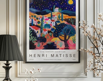May include: A colourful poster featuring a painting by Henri Matisse. The painting depicts a night scene with a village nestled in a hillside, under a starry sky with a bright moon. The poster includes the text "20th Century Exhibition Henri Matisse Colour History of French Art & Design Paris".