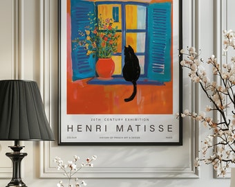 Impression chat fenêtre ouverte Henri Matisse - affiche Matisse pour une exposition d'art moderne, art mural neutre minimaliste, idée cadeau de découpes Matisse