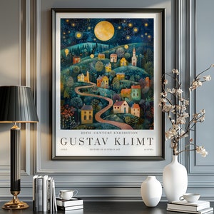 Stampa di Gustav Klimt con notte di luna, poster del museo di Klimt, poster di Gustav Klimt, poster della mostra di Klimt, dipinto di Gustav Klimt, giardino fiorito.