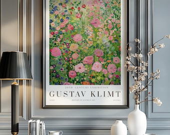 May include: A framed poster advertising a 20th Century Exhibition featuring the work of Gustav Klimt. The poster features a painting of a field of colorful flowers, with the artist's name and the exhibition title in bold text.