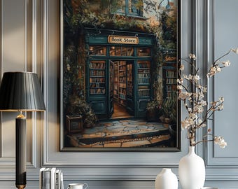 Vintage Style Bookstore Painting Poster Print Poster Book Lover Gift Wallart Librarian Book Nerd Illustration Dark Academia Dark Cottagecore