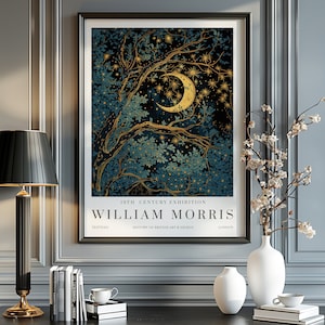 William Morris print maan en sterren, William Morris-tentoonstelling print, William Morris poster, vintage muurkunst, textielkunst, vintage poster