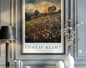 May include: A vintage poster advertising a 20th Century Exhibition featuring the work of Gustav Klimt. The poster features a painting of a field of wildflowers with a sunset in the background. The text on the poster reads "20th Century Exhibition, Gustav Klimt, Gold, History of Austrian Art, Austria."