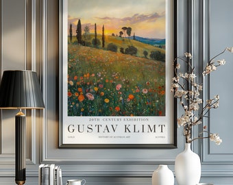 May include: A vintage poster featuring a painting by Gustav Klimt. The poster is titled "20th Century Exhibition" and features a landscape with a field of flowers and a sunset in the background. The text "Gustav Klimt" is printed in large letters at the bottom of the poster.