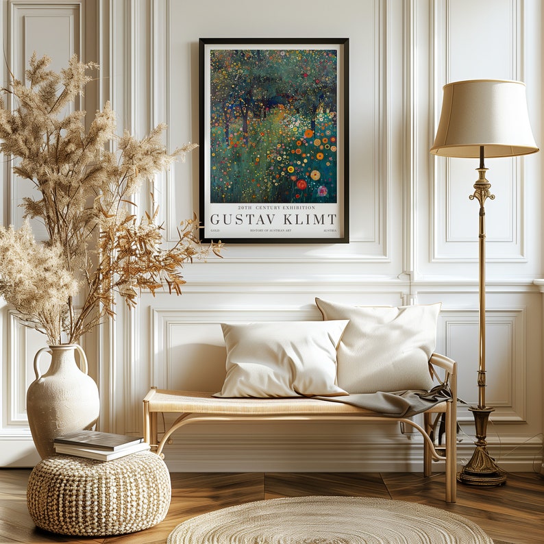 May include: A poster featuring a painting by Gustav Klimt, titled "The Garden of Eden". The painting depicts a lush garden with trees, flowers, and a path leading into the distance. The poster is framed in black and has the text "20th Century Exhibition" and "Gustav Klimt" printed on it.