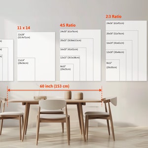 May include: A white wall with a variety of different sized rectangular frames, each with a different aspect ratio, labeled with the ratio and measurements in inches and centimeters. The frames are arranged in a row from left to right, with the largest frame on the right. The frames are all white and have a simple, modern design. The wall is painted a light gray color. A wooden table with four chairs is in front of the wall. The table is made of light wood and has a simple, modern design. The chairs are also made of light wood and have a simple, modern design. The chairs are all facing the table. The table and chairs are in a room with a light gray floor. The room is well-lit and has a modern, minimalist design.