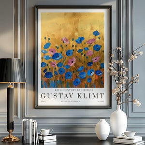 Stampa di Gustav Klimt, Poster del Museo Klimt, Poster di Gustav Klimt, Poster della mostra di Klimt, Pittura di Gustav Klimt, arte floreale, floreale in oro blu