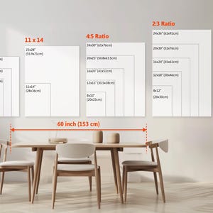May include: A display of various print sizes, including 11x14, 20x30, and A2, with aspect ratios like 3:4, 4:5, 2:3, and 5:7. A table with chairs is in the foreground, and the total width is 60 inches (153 cm).