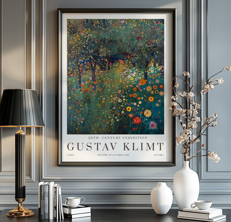 May include: A vintage poster featuring a painting by Gustav Klimt. The poster is titled "20th Century Exhibition" and features a colorful abstract painting of flowers and trees. The text "Gustav Klimt" is printed in large letters at the bottom of the poster.