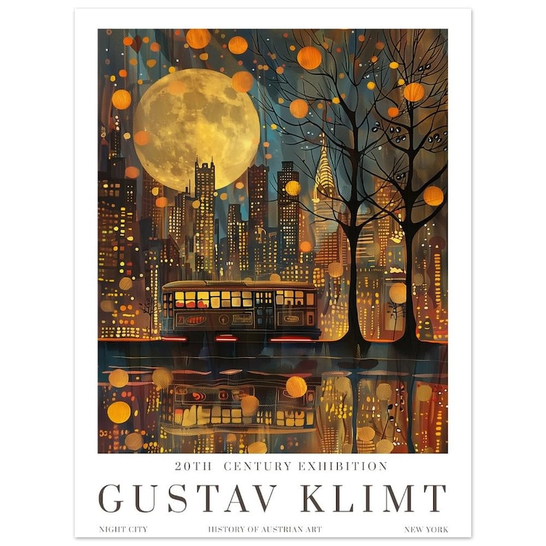 Stampa di Gustav Klimt Notte di luna, manifesto del museo Klimt, manifesto di Gustav Klimt, manifesto della mostra di Klimt, dipinto di Gustav Klimt, giardino fiorito. immagine 5