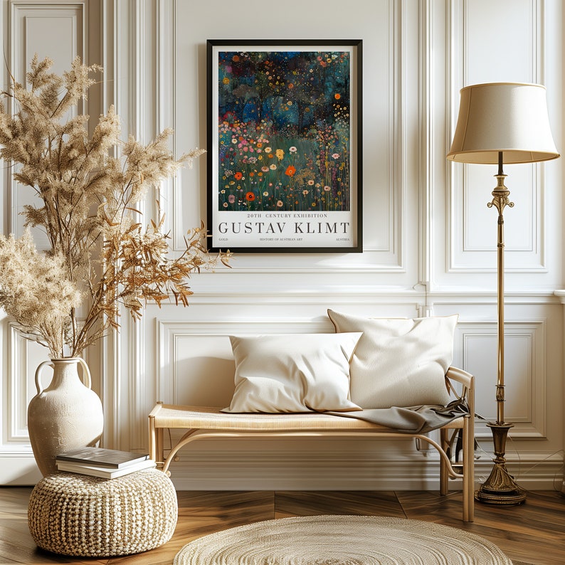 May include: A framed poster with a painting of a field of flowers in shades of yellow, orange, red, and blue. The poster is titled "Gustav Klimt" and is part of a 20th Century Exhibition.