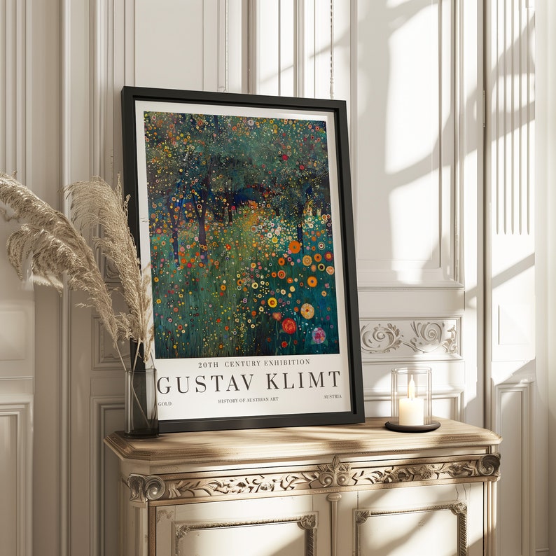 May include: A framed poster featuring a painting by Gustav Klimt. The painting depicts a field of colorful flowers with trees in the background. The poster is titled "20th Century Exhibition" and features the artist's name, "Gustav Klimt", in large, bold letters.