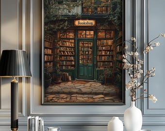 Vintage Style Bookstore Painting Poster Print Poster Book Lover Gift Wallart Librarian Book Nerd Illustration Dark Academia Dark Cottagecore
