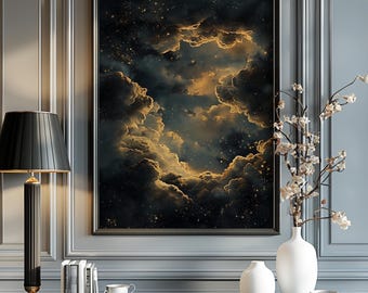 Stampa artistica da parete Moody Celestial, decorazione Dark Academia, stampa astratta del cielo notturno con stelle, dipinto a olio vintage massimalista blu e oro, stampa gotica