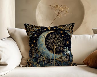 Cojín con la luna y las estrellas de William Morris, Cojín con estampado de la exposición de la luna de William Morris, Cojín vintage, Cojín textil, Cojín de la luna y las estrellas
