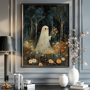 Dark Academia, wunderlicher Geist mit Wildblumen, Wandkunst, Whimsigoth-Dekor, Dark Academia Floral Ghost Print, gruseliger Geist im Wald Poster