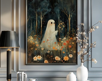May include: A framed illustration of a white ghost holding a bouquet of flowers in a dark forest setting. The ghost is surrounded by a field of colourful flowers.