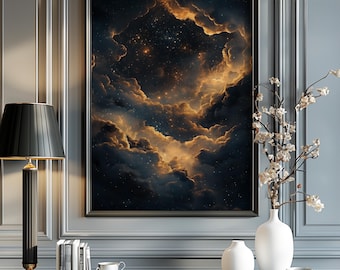 Stampa artistica da parete Moody Celestial, decorazione Dark Academia, stampa astratta del cielo notturno con stelle, dipinto a olio vintage massimalista blu e oro, stampa gotica