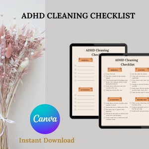 May include: A digital printable checklist for cleaning, designed for people with ADHD. The checklist is divided into sections for morning, afternoon, evening, and before bed. Each section has a list of tasks to complete.