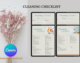 May include: A digital cleaning checklist with four pages, each with a different room or area to clean. The pages are labeled "Kitchen", "Bathroom", "General", and "Monthly". Each page has a list of cleaning tasks with checkboxes next to them. The checklist is designed to help people keep their homes clean and organized.