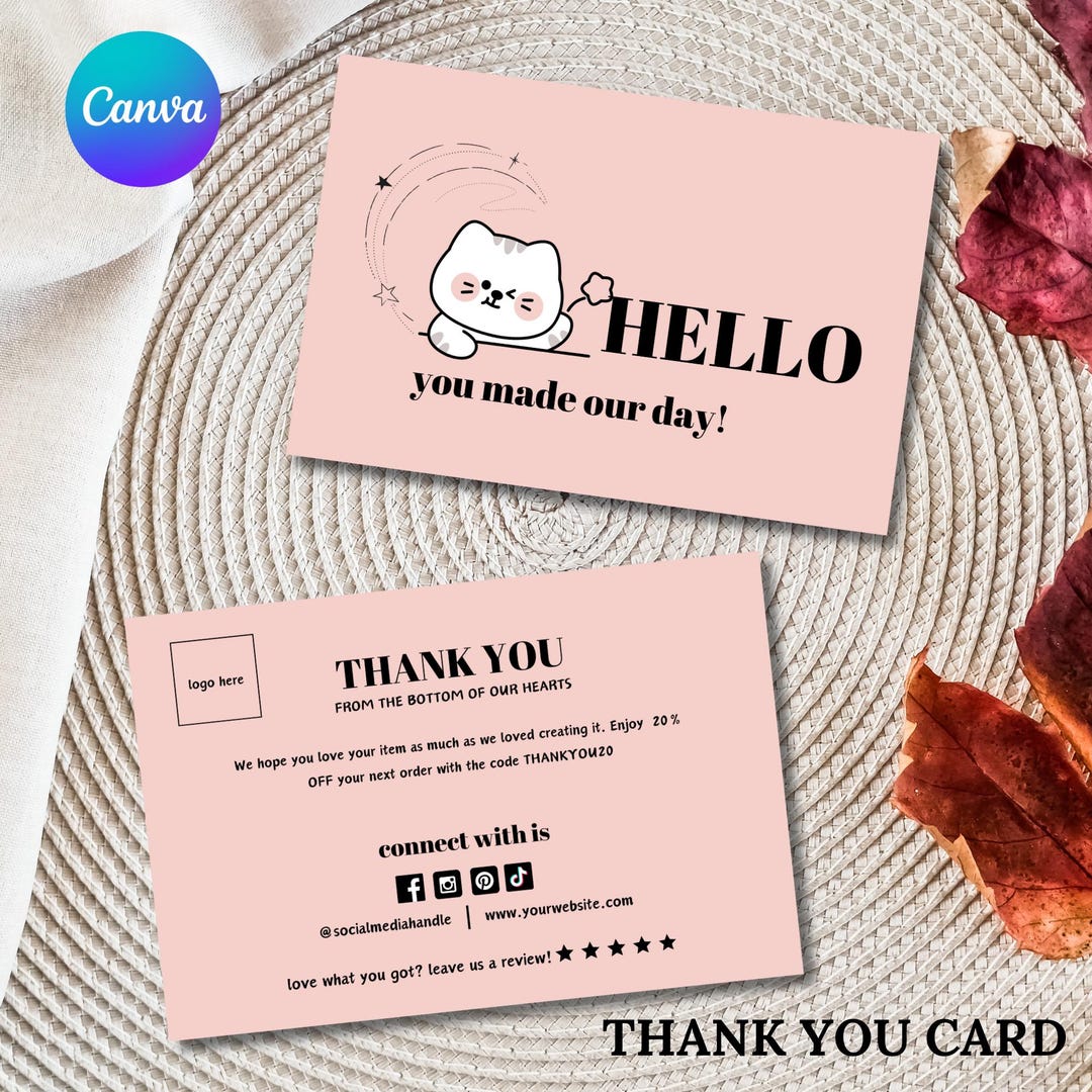 Pink Cat Thank You Card Template: Small Business Note (digital Download ...