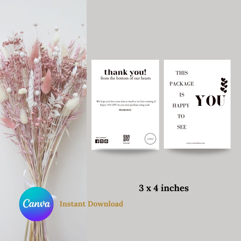 Modèle de carte de remerciement minimaliste pour petite entreprise modifiable Carte de remerciement pour votre achat Insertion dans l'emballage de l'entreprise Remarque Marketing DIY image 4
