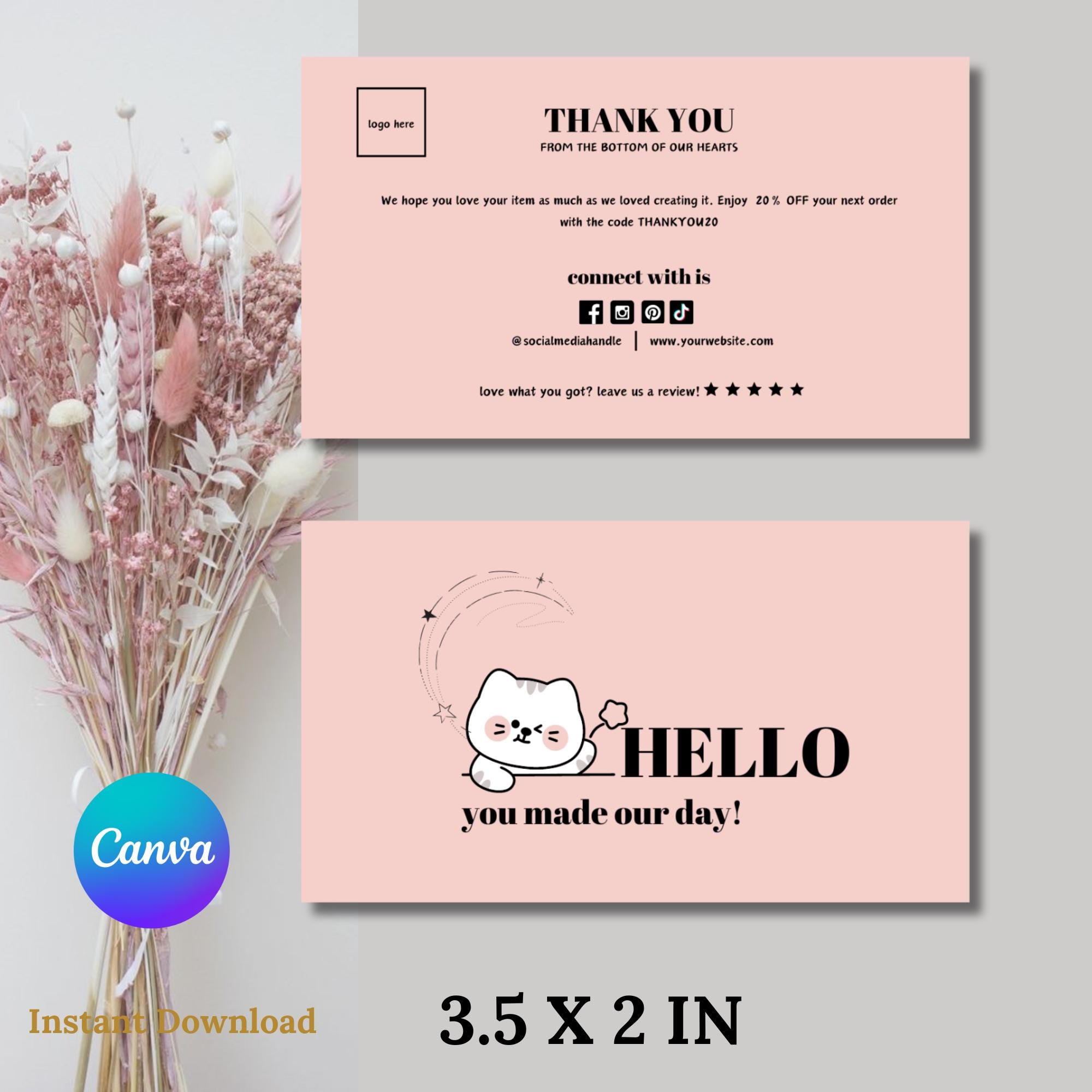 Pink Cat Thank You Card Template: Small Business Note (digital Download ...