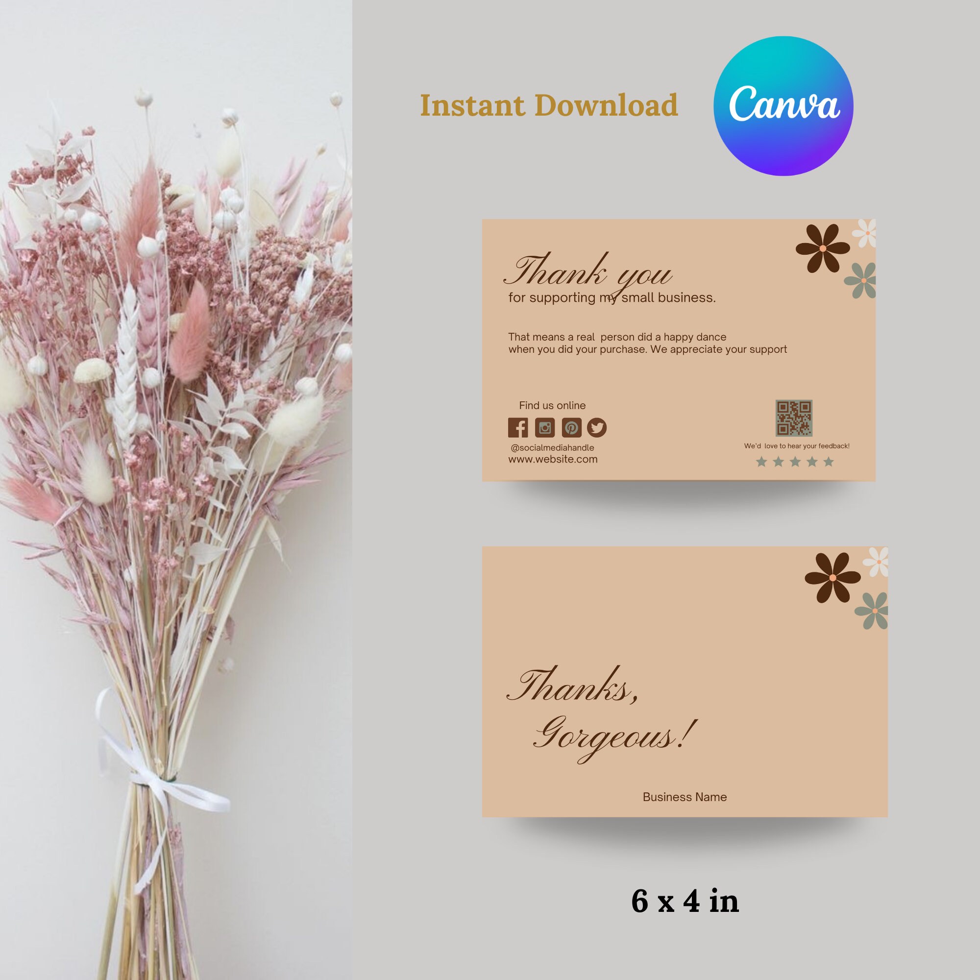 Boho Thank You Card Template: Editable Small Business Insert (digital ...