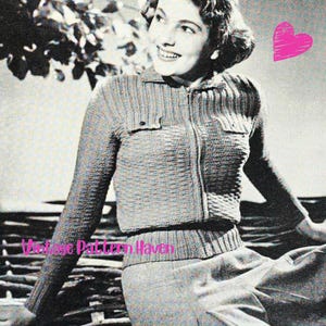 1950s Cardigan Knitting Pattern PDF, Cropped Zip Front Knit Jacket, Slim Fit Retro Sweater, Vintage Patch Pocket Top, DK Yarn Pattern