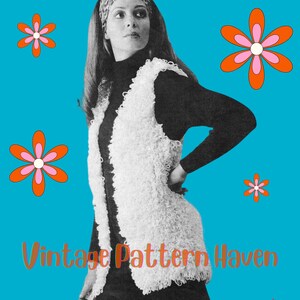 May include: A vintage knitting pattern for a white crocheted vest. The pattern features a woman wearing the vest with a black turtleneck and a headband. The image has a blue background with orange and pink flowers.