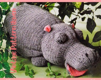 Vintage Hippo Knitting Pattern PDF – Cuddly Soft Toy, Stuffed Animal DIY, Whimsical Nursery Decor, Quick and Easy DK Knit Baby Shower Gift