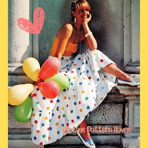 May include: A woman in an orange top and a white polka dot skirt, holding balloons. She wears white shoes with blue trim. The image has a vintage feel, with the text "Vintage Pattern Haven" at the bottom. The skirt has a tiered design.