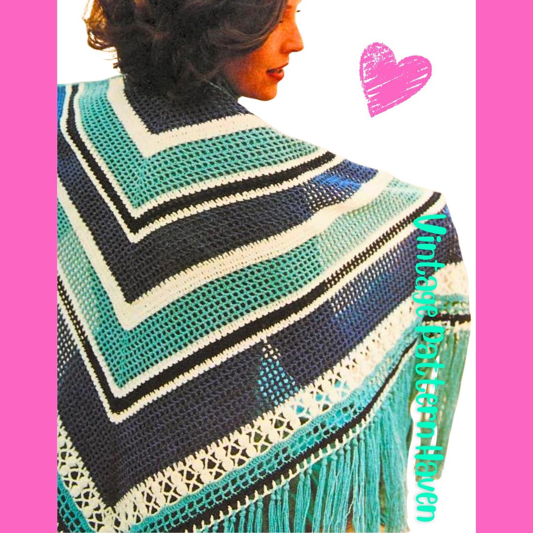 Boho Crochet Shawl Pattern PDF, 1970s Vintage Shawl, Striped Crochet ...