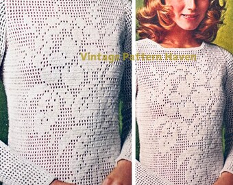 Vintage 1970s Crochet Pattern: Elegant White Rose Mesh Sweater, Sizes 8-18, Filet Crochet, Instant PDF Download - Timeless Retro Style