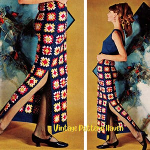 May include: A vintage crochet skirt with a high slit, featuring a navy blue base and colourful square patterns in red, yellow, and white. The skirt is long and form-fitting, with a side slit. The text "Vintage Pattern Haven" is visible.