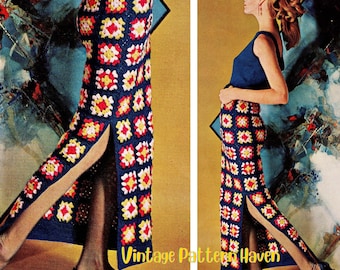 Granny Square Skirt Pattern • Retro Crochet Skirt PDF • Long Slim Fit Boho Skirt with Side Slit • Vintage Mod Style • Easy Crochet Pattern