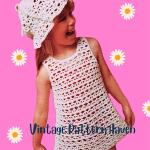 May include: A vintage crochet pattern for a white sleeveless dress and matching hat. The pattern is called "Vintage Pattern Haven".