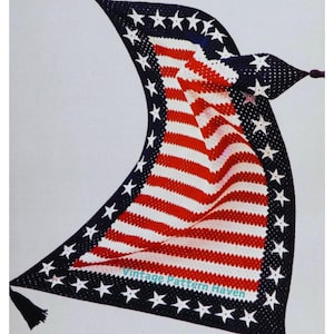 May include: Crochet pattern for a red, white, and blue American flag shawl with a black border and white stars. The pattern includes instructions for crocheting the stars and stripes, as well as the border. The pattern is from Vintage Pattern Haven.