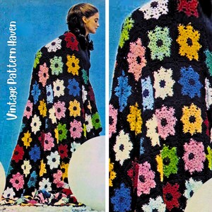 May include: A woman draped in a colorful, crocheted blanket. The blanket features a black background with vibrant floral patterns in shades of red, pink, yellow, blue, and green. The text "Vintage Pattern Haven" is visible on the left side.
