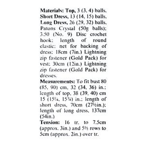 May include: A page of text detailing materials, measurements, and tension for crochet projects. Includes measurements in inches and centimeters, such as a bust size of 32 to 36 inches and a top length of 15 inches.