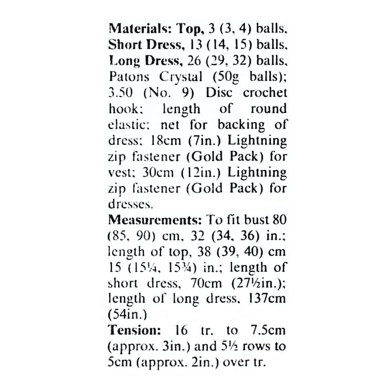 May include: A page of text detailing materials, measurements, and tension for crochet projects. Includes measurements in inches and centimeters, such as a bust size of 32 to 36 inches and a top length of 15 inches.