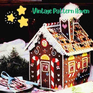 Puede incluir: Una detallada casa de jengibre con exterior marrón, adornada con adornos blancos, rayas rojas y blancas de bastón de caramelo y adornos coloridos. La imagen incluye el texto "Vintage Pattern Haven" y estrellas decorativas.