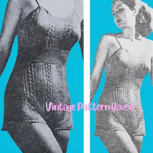 May include: Vintage black and white image of a knitted one-piece swimsuit with thin straps. The swimsuit has a textured pattern and a fitted silhouette. The text "Vintage Pattern Haven" is visible.