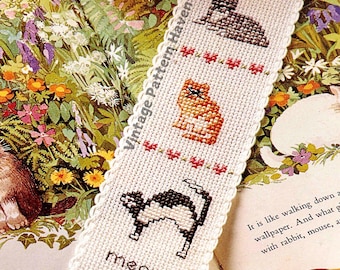 Vintage Cross Stitch Pattern PDF – Cat Bookmark with Floral & Tassel, Easy Beginner Project, Gift for Cat Lovers, Quick DIY Stocking Filler