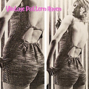 May include: A vintage, sepia-toned image of a crocheted romper with a low back and shorts. The romper features a textured stitch pattern and a drawstring waist. The text "Vintage Pattern Haven" is visible in the upper left corner.
