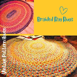 May include: Two braided rag rugs. One is oval-shaped with red, orange, and purple hues. The other is round with yellow, orange, blue, and red colours. Text on the image says "Braided Rag Rugs" and "Vintage Pattern Haven."