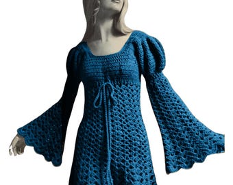 Retro 1960s Crochet Dress Pattern – Romantic Puff Sleeve Vintage Style, UK Sizes 8-18, Timeless DIY Fashion, PDF Crochet Pattern Download