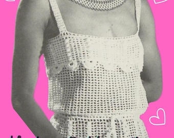 Wzór na koronkowy top w stylu vintage – boho letni top z falbankowym karczkiem i dołem, ściągaczem w pasie – PDF Kamizelka szydełkowa dla kobiet